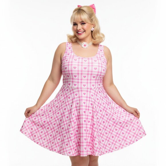 Plus Size Pink Gingham Vintage 1950s Swing Dress - Picture 3 of 9